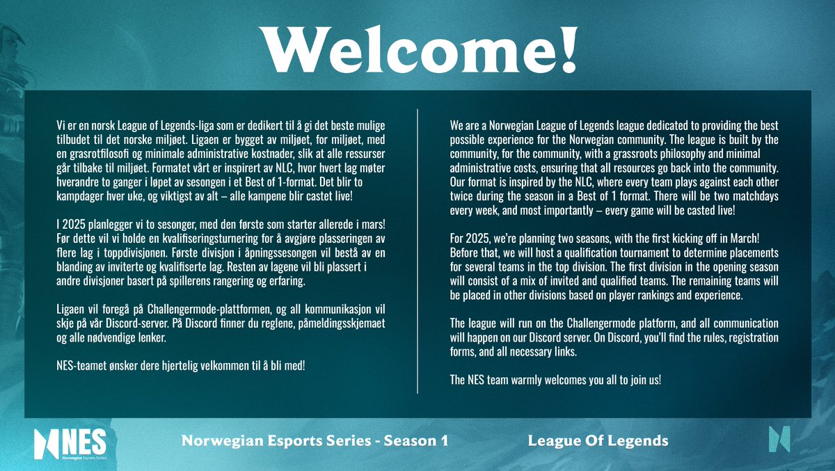 Da er vi endelig klare til å ta i mot enhver esportentusiast! Bli med å delta i NES Season 1! 

We are finally ready to welcome every esports enthusiast! Join us and take part in NES Season 1!