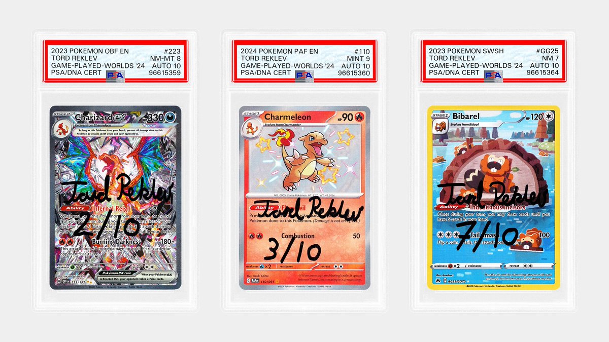 In celebration of the English release of Prismatic Evolutions, as everyone begins building their own decks in 2025, I have partnered with PSA to give away 3 of my signed PSA Game-Played cards from the deck I used at the 2024 Pokémon World Championship.

Rules to enter in thread: