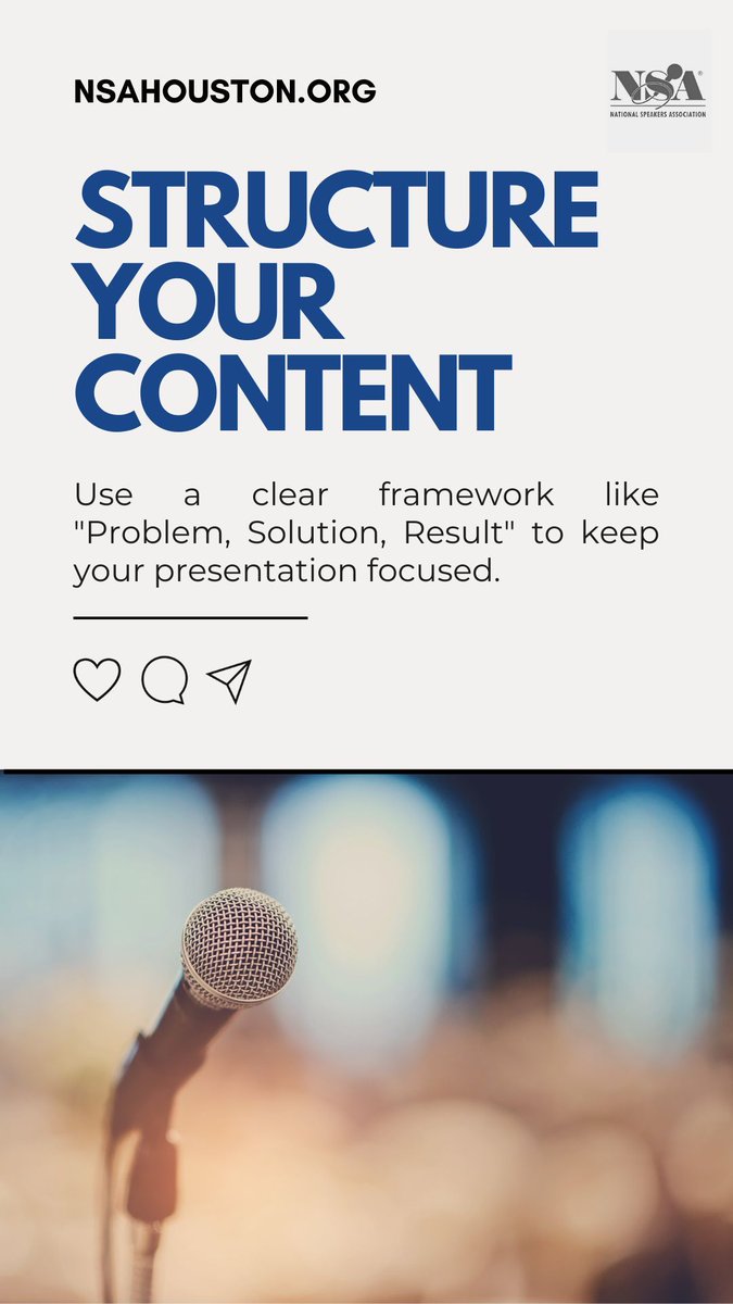 houston_nsa's tweet image. A clear framework keeps your audience engaged and your message impactful. Use a format like 'Problem, Solution, Result' to ensure your presentation stays focused and easy to follow.
#ContentStructure
#ProfessionalSpeaking
#SpeakerTips