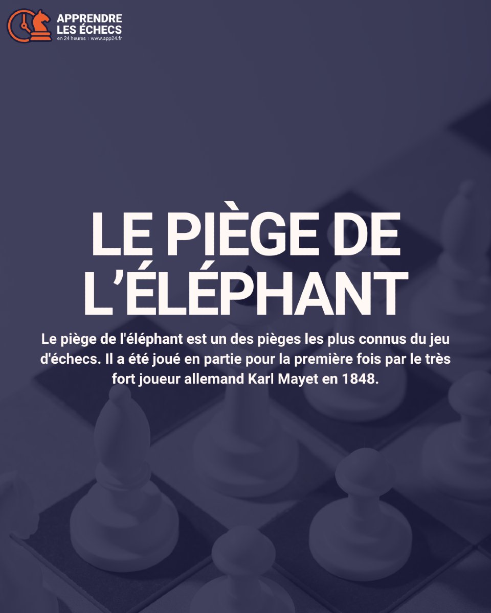 AppLesEchecs24h's tweet image. 🐘 Connaissez-vous le piège de l'Éléphant ? Découvrez cette astuce célèbre du jeu qui peut retourner une partie en un seul mouvement stratégique ! 🚀 👉 s.mtrbio.com/hkcilrnloy

#Échecs #Stratégie #ChessLovers #PiègeÉléphant