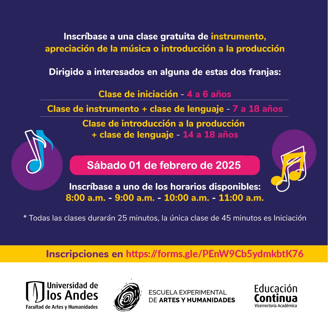 ¡Esta es la oportunidad para que tus hijos(as) vivan toda una experiencia musical! 🥁✨ Regístralos(as) en nuestra clase gratuita aquí: n9.cl/ofxwn  🪇🎻 

@ArtesUniandes #FormaciónMusical #NiñosYJóvenes #IniciaciónMusical