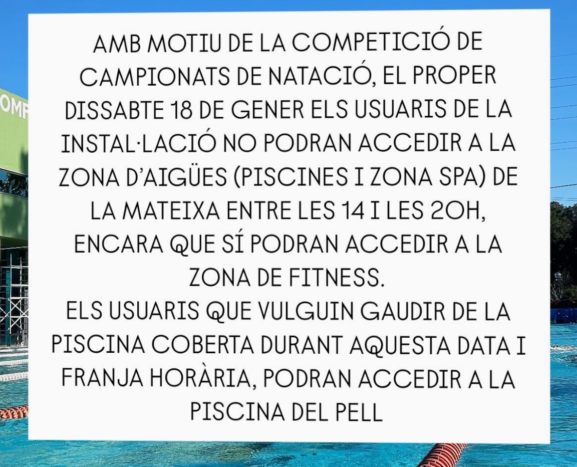 📝 COMUNICAT DISSABTE 18 DE GENER

🚨Usuaris de Can Mercader 🏊🏊