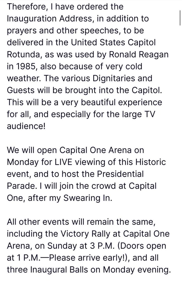 🚨BREAKING: President Trump explains that the Inaugural Address and Swearing In Ceremony has been moved inside the Capitol Rotunda due to temperatures and windchills dipping to "severe record lows."

As long as he's sworn in, that's all that matters.