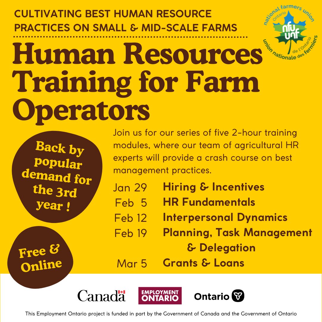 The NFU-O’s free on-line Human Resources training for farm operators is back by popular demand!

Our first session, Hiring and Incentives, will be happening on January 29th, 7-9pm. Check out the full list of upcoming sessions and register today! #ontag 

nfuontario.ca/updates-from-t…