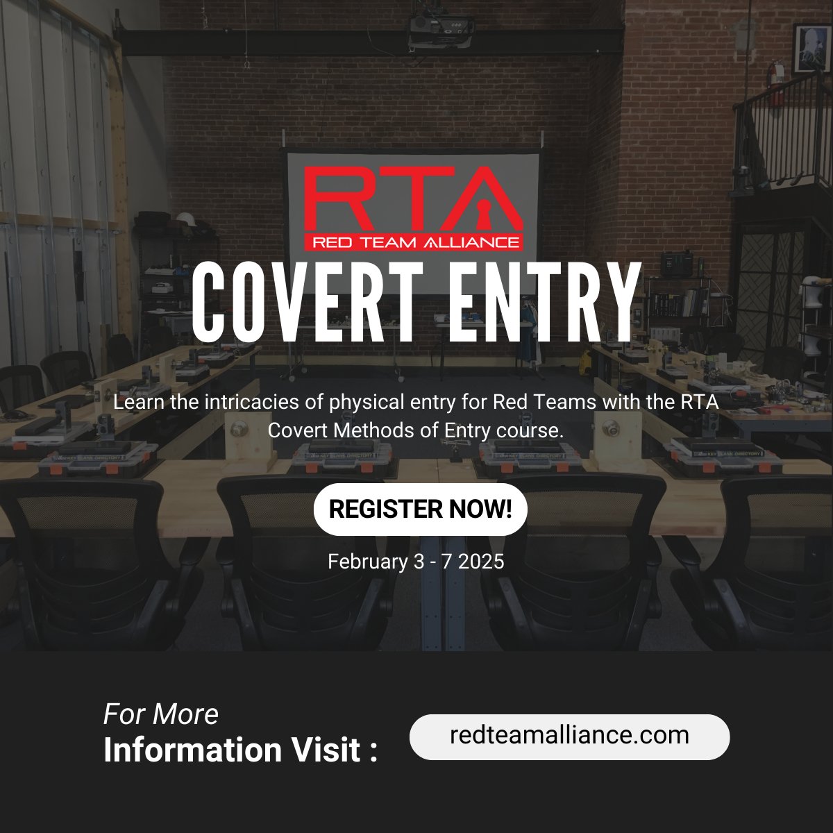 Don’t let the unknown put your business at risk. Learn how to protect what matters most with time-tested methods and cutting-edge physical and cyber security strategies.

 #CMOE #CovertMethodsofEntry #RTA #RedTeamAlliance #LockPicking #LockSport #RedTeaming #RedTeams