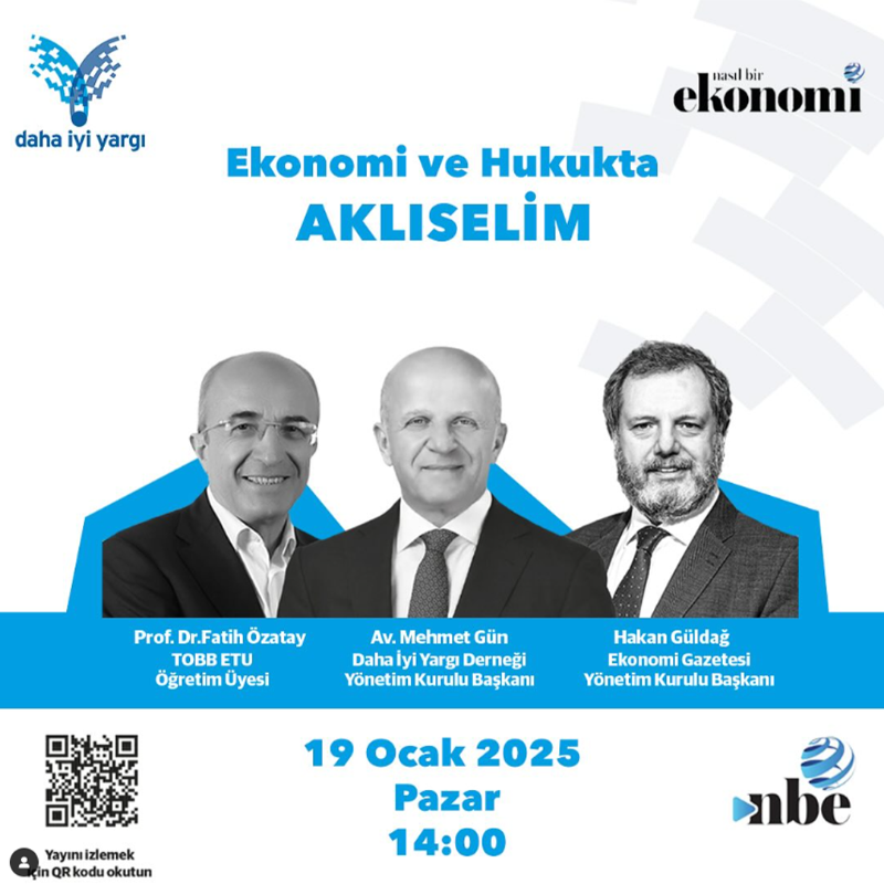 NBE_TV's tweet photo. "Ekonomi ve Hukuk Buluşmaları"nı, bir adım ileri götürerek "Ekonomi ve Hukukta #AKLISELİM"i başlatıyoruz. 

🎙️ TOBB ETU Öğretim Üyesi Prof Dr. @OzatayFatih, @dahaiyiyargi Derneği YKB Av. @M_Gun ve Ekonomi Gazetesi YKB @GuldagHakan

🗓️BUGÜN 🕑14.00 #CANLIYAYIN'da