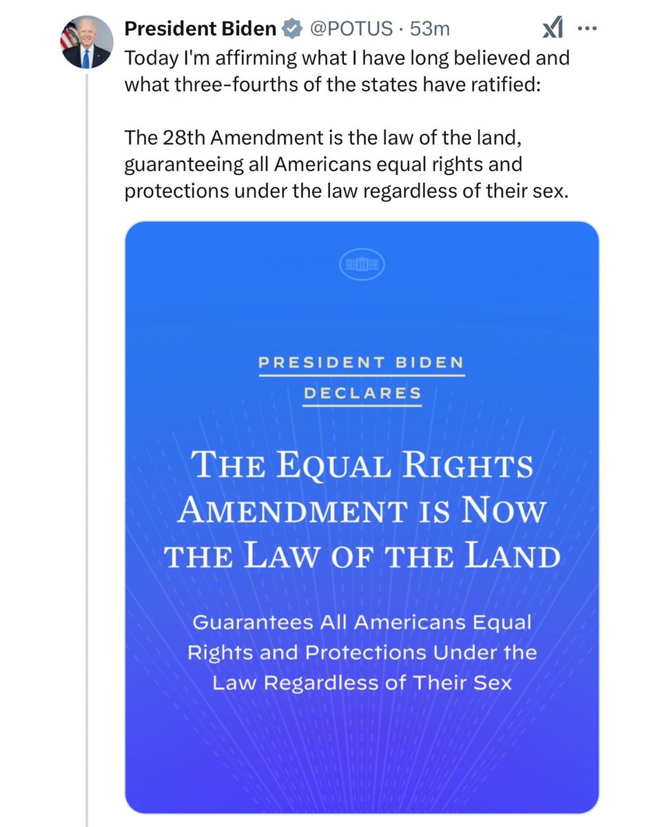 这个下流的杂碎‼️ 美国司法部完全可以凭此违宪行为起诉这个老贼‼️乔·拜登刚刚宣布平等权利修正案成为国家法律和第28修正案 ‼️拜登诬蔑川普总统将成为暴君,但拜登现在却违宪地宣布修正案!美国宪法只有27条修正案!这项声明并未改变任何内容!!