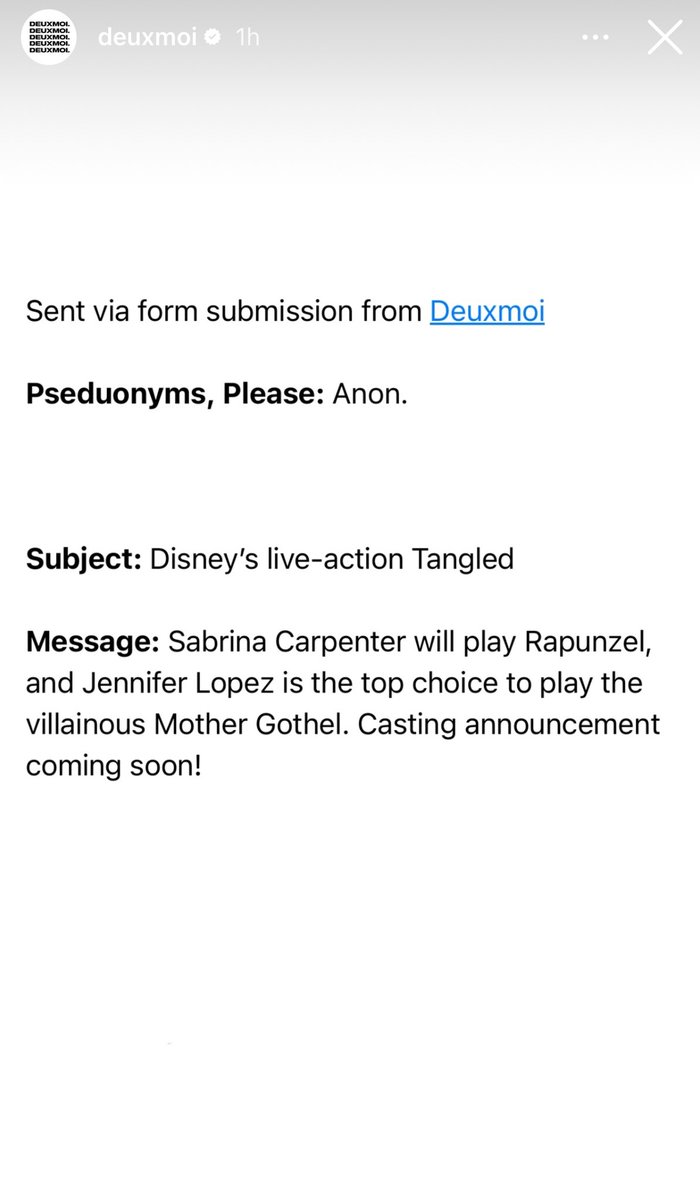 DivoAndTheCity's tweet photo. Deuxmoi is now reporting that @JLo will be cast in the new live-action of Disney’s Tangled!!! OMG 😱 Please be true!
@DisneyStudios @DiscussingFilm @FilmUpdates @PopCrave @SabrinaAnnLynn @PerezHilton https://t.co/OmLRV6jWn4