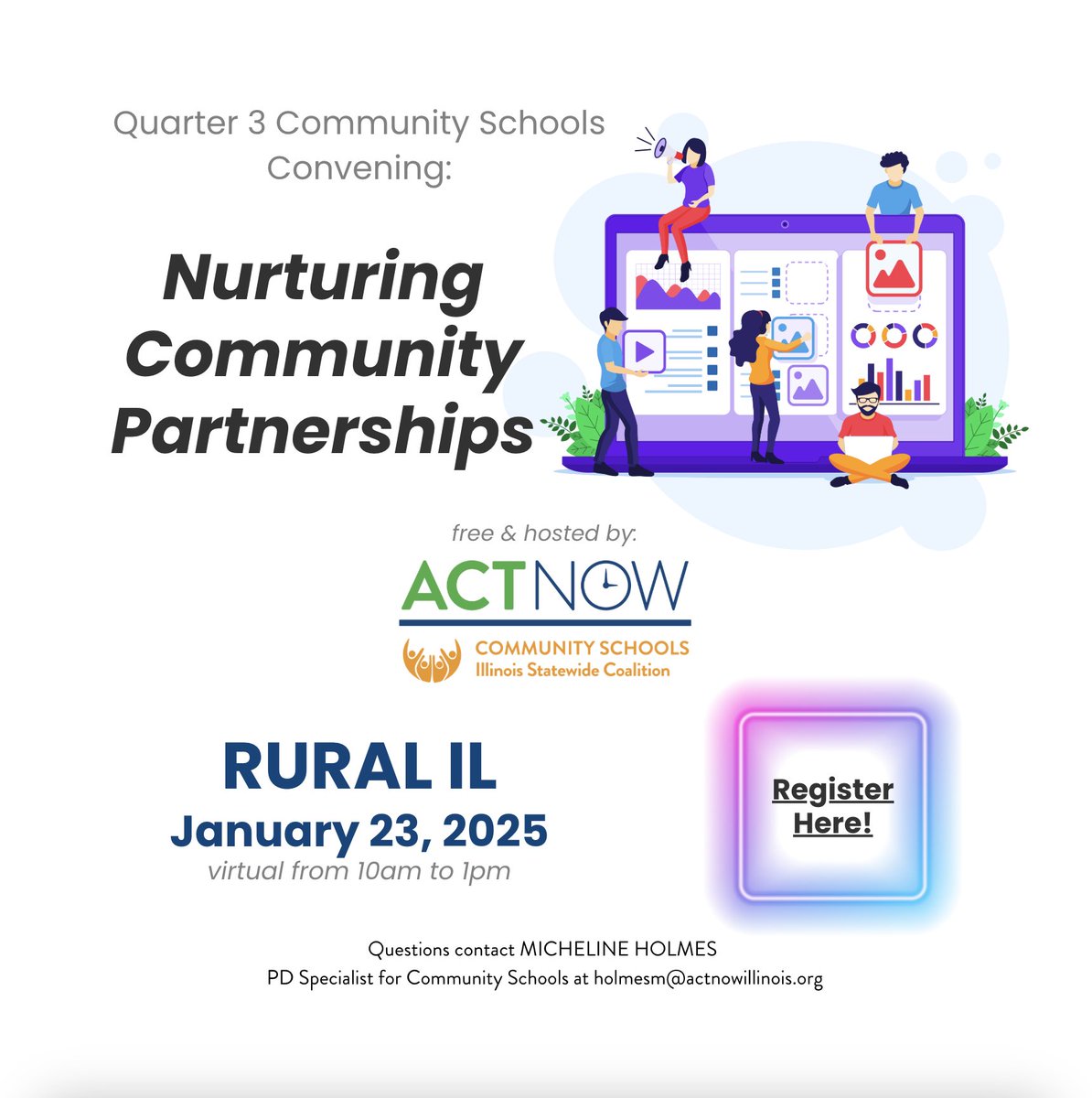 IL ACT Now Coalition (@actnowcoalition) on Twitter photo 🌟Calling all rural Illinois Community Schools professionals🌟 Don't miss out on our Q3 Convening on Nurturing Community Partnerships! 📅Register to be a part of this enriching experience tailored to the unique needs of rural communities: actnowillinois-org.zoom.us/meeting/regist… #CommunitySchools 🌟Calling all rural Illinois Community Schools professionals🌟 Don't miss out on our Q3 Convening on Nurturing Community Partnerships! 📅Register to be a part of this enriching experience tailored to the unique needs of rural communities: actnowillinois-org.zoom.us/meeting/regist… #CommunitySchools