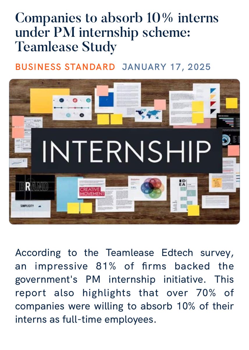 Encouraging to see strong support for the PM Internship Scheme. This is a big step towards empowering our youth and building a future-ready workforce.

business-standard.com/industry/news/…

via NaMo App