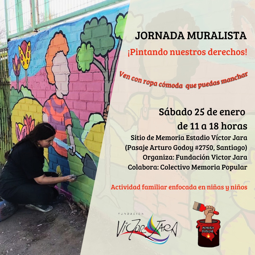 📢 Les invitamos a participar de la Jornada Muralista "¡Pintando nuestros derechos!" 🎨

La jornada familiar será el 25 de enero desde las 11 a las 18 horas en el Sitio de Memoria Estadio Victor Jara. Solo deben venir con ropa cómoda. Se les dispondrá de materiales en el lugar.
