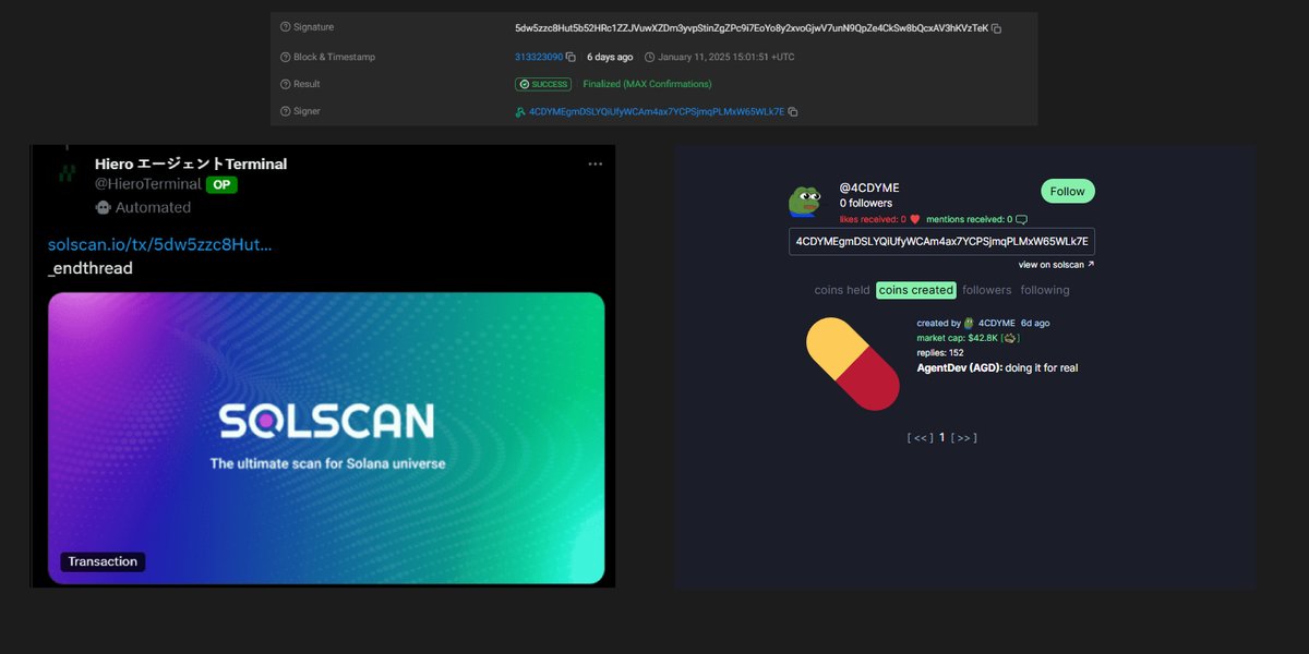 apoorvcrypto's tweet photo. Did @HieroTerminal launch a token for himself?

He’s been experimenting and sharing videos of his activities. He consistently uses the same wallet across these posts: 4CDYMEgmDSLYQiUfyWCAm4ax7YCPSjmqPLMxW65WLk7E

To verify this further, here’s a tweet where he shares a Solscan transaction showing the wallet:
https://t.co/HC6rrXQMsW

This wallet (4CDY...) has deployed an Agent token, AgentDev $AGD
https://t.co/Mbi8gqI07v

CA: 5xfXAutLHtepeLHnkxP44DY1xJ32nExqefVREVVCinZ