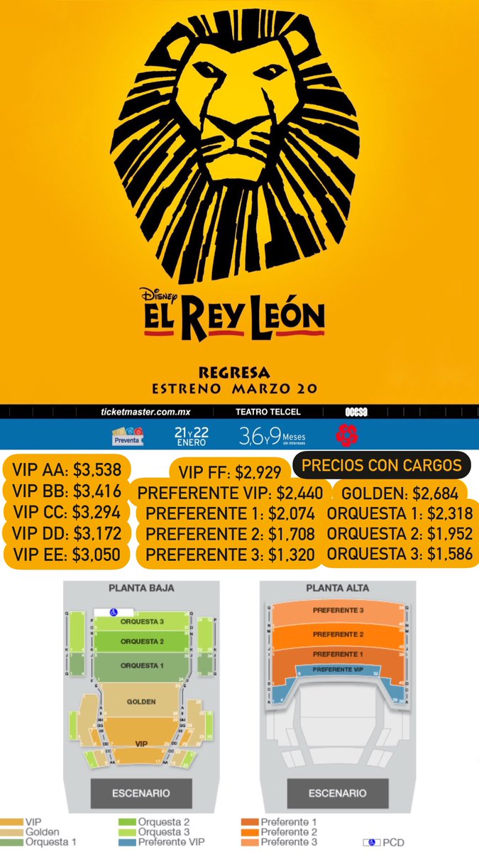 ailoviutl's tweet photo. 🚨 PRECIOS DE BOLETOS OFICIALES 🚨

🦁 Disney El Rey León 🦁 
🗓️ A partir del 20 de Marzo del 2025 🗓️
🏟️ Teatro Telcel 🏟️
📍 CDMX 📍 🇲🇽 México 🇲🇽

🎟️ Precios de Boletos con Cargos 🎟️

VIP AA: $3,538
VIP BB: $3,416
VIP CC: $3,294
VIP DD: $3,172
VIP EE: $3,050
VIP FF: $2,929
GOLDEN: $2,684
ORQUESTA 1: $2,318
ORQUESTA 2: $1,952
ORQUESTA 3: $1,586
PREFERENTE VIP: $2,440
PREFERENTE 1: $2,074
PREFERENTE 2: $1,708
PREFERENTE 3: $1,320

🎫 Fechas de Preventas 🎫

Venta Beyond: 17 de Enero 9:00 AM
Preventa Priority: 20 de Enero 9:00 AM
Preventa Citibanamex: 21 y 22 de Enero 11 AM
Venta General: 23 de Enero 11:00 AM

💲 Boletera: Ticketmaster 💲

💳 Meses sin Intereses 💳

3, 6 y 9 MSI con tarjetas de Crédito 

#TeatroTelcel #Teatro #Disney #Music #Concierto #Concert #Música #Ailoviutl #disneychannel #ReyLeón #ElReyLeón #LionKing #TheLionKing #Broadway