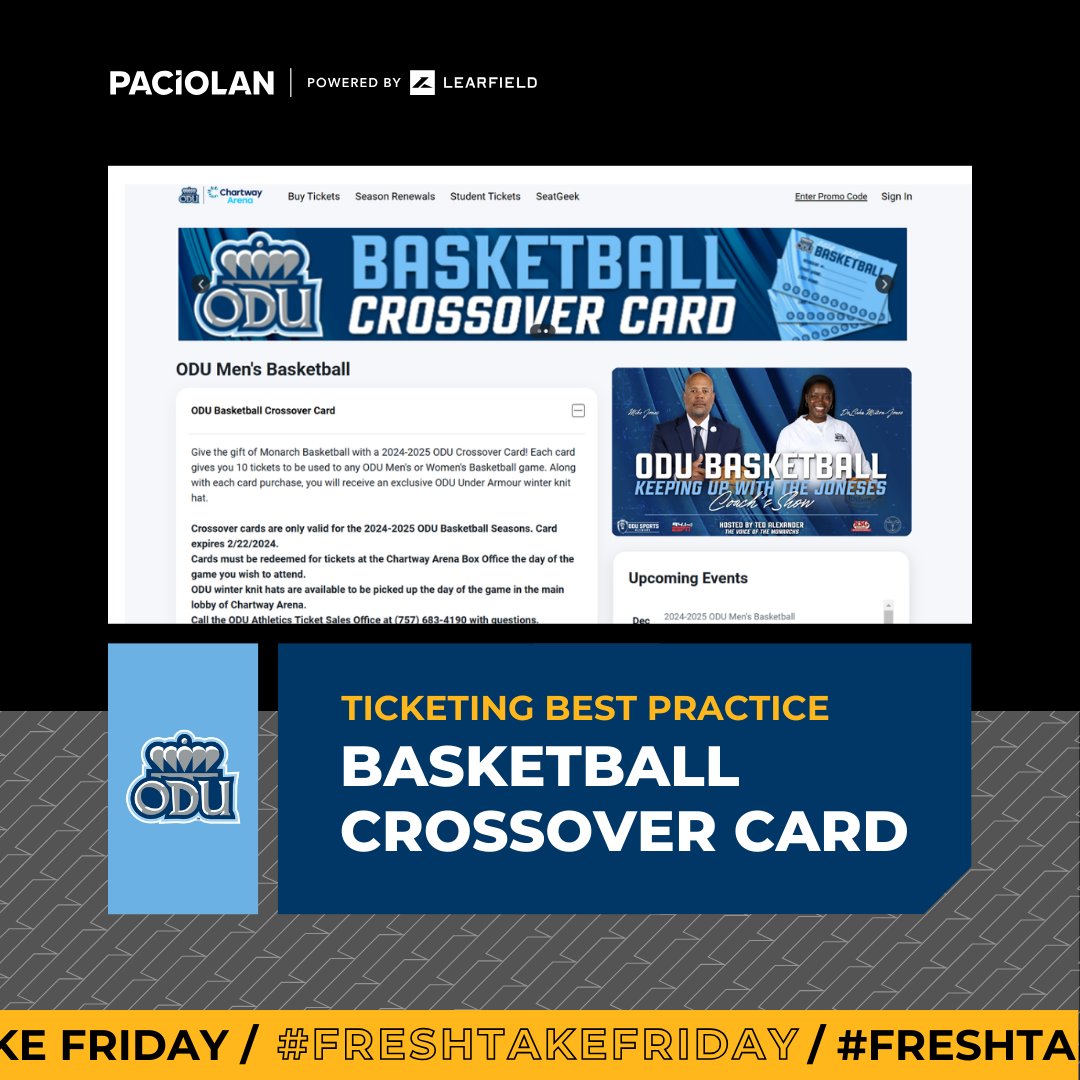 PaciolanTix's tweet photo. 🏀It's #FreshTakeFriday! @ODU_MBB is dribbling into innovation with their Basketball Crossover Card! 🎟️💡 Perfect for fans who want ultimate flexibility and fun. See how they’re leveraging PAC Live to make it seamless!  📲 https://t.co/0ny6iz83z5 #PACLive #CustomerSpotlight https://t.co/fU5BByY77N