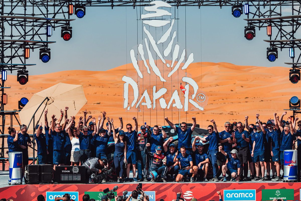 FordRacing's tweet photo. What a ride, @dakar! 🇸🇦 @mattiasekstroem and navigator @emilbergkvist1 secure a podium finish with P3, and @mitchguthrie5 and @KellonWalch finish fifth—conquering the toughest race on Earth with no quit, a relentless team, and the @Ford Raptor T1+. 💪 https://t.co/RNZbUMQiyX