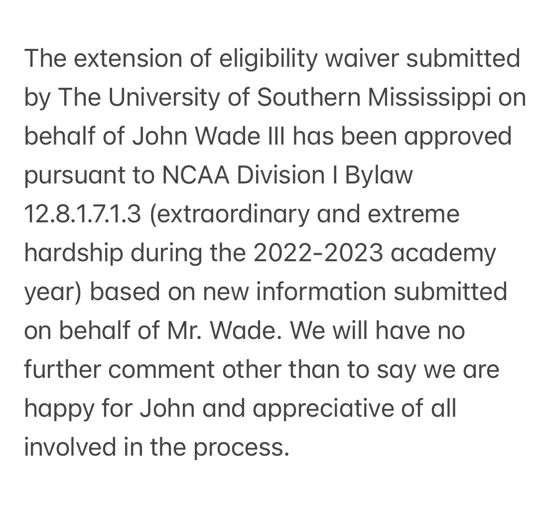 BREAKING: Southern Miss basketball player John Wade and the NCAA have agreed upon a settlement. 

Wade, who has missed 18 games, will be immediately eligible to play the remainder of the season. 

Here is a statement from Southern Miss. 

Story to come.