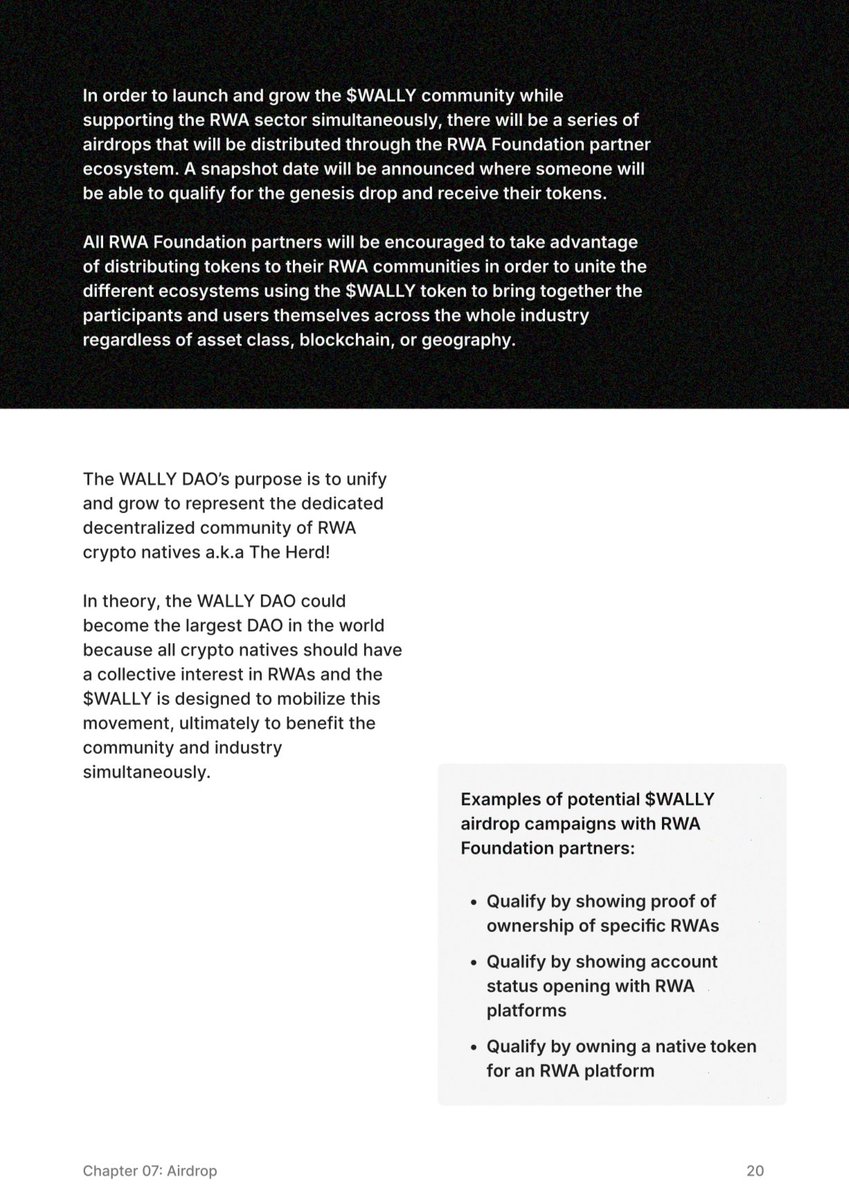 Now it’s time for everyone’s favorite part: the airdrop! 🎁🐘

By design, the WALLY DAO is meant to be community led and driven. To ensure holders are truly RWA fans, $WALLY will be airdropped based on RWA ecosystem participation history and ownership