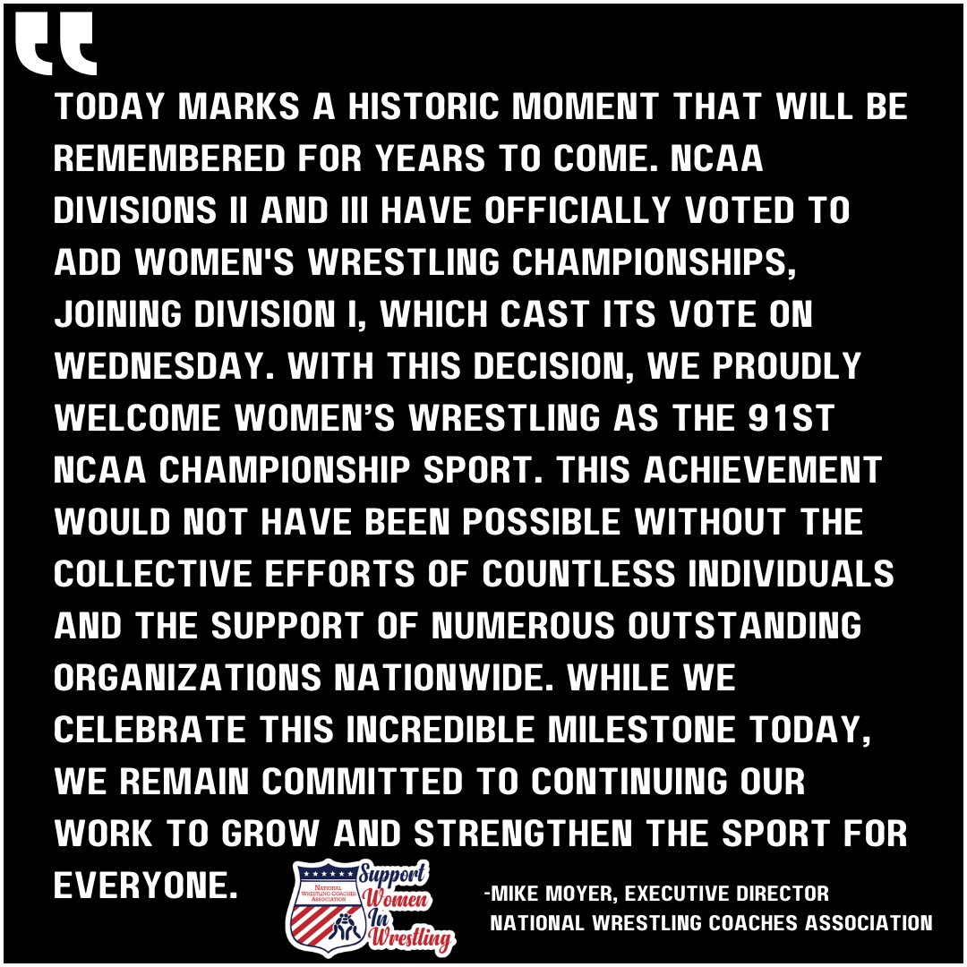 What an amazing day as the NCAA adds Women's Wrestling as it's 91st championship sport 🤼‍♀️🏆