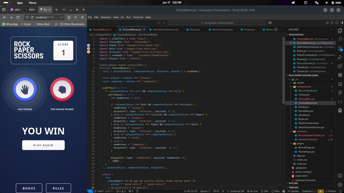 isaacmakinde_'s tweet photo. 🎯 Day 9 of #100DaysOfCodeAndDesign with @SarcasticGeek4u
Progress on the Rock-Paper-Scissors game:
- Completed the UI design 🎨
- Added Context API for managing global state 🛠️
- Implemented the game logic 🤖
Loving how it's all coming together! 🚀
#ReactJS #useContext https://t.co/4oryWDQOby