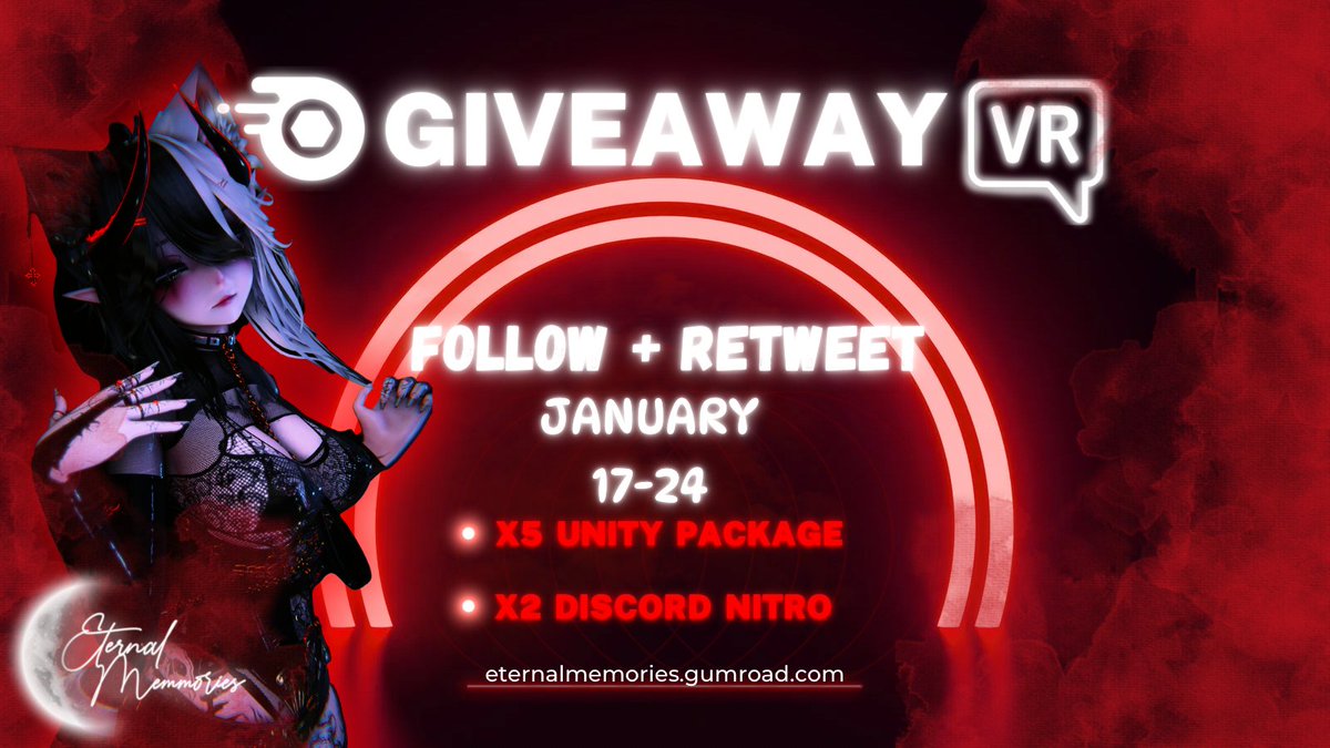 #GIVEAWAY time !  

I'm giving away:  
5x #VRChat Avatars from my store!
2x Discord Nitro for 1 month  

How to participate?  
Retweet this Post + Follow
<a href="/Eternalmemorie9/">Veori</a>

Giveaway ends: 24th January