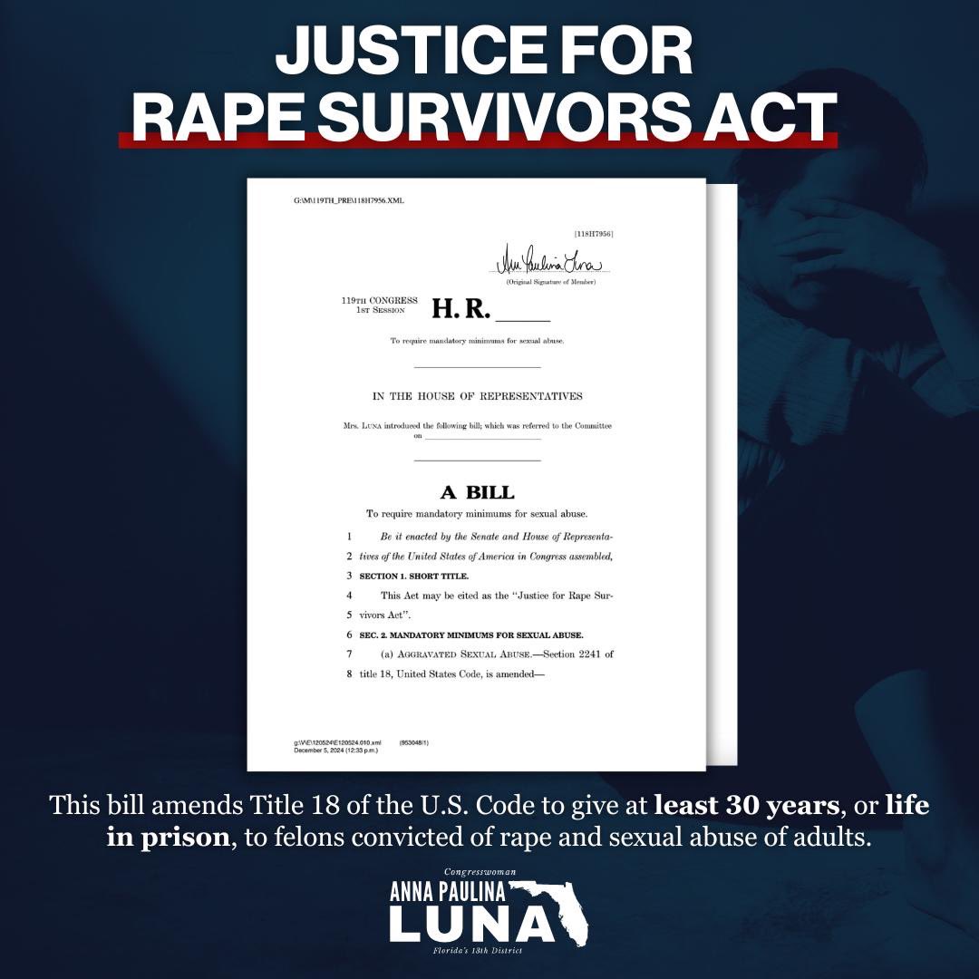 RepLuna's tweet photo. Rape is a crime that destroys lives, and it's time to demand that sexual abusers face the harshest consequences.
 
My Justice for Rape Survivors Act mandates 30 years or life in prison for those convicted of sexual abuse. Survivors deserve justice! https://t.co/ACNjEMdrMS