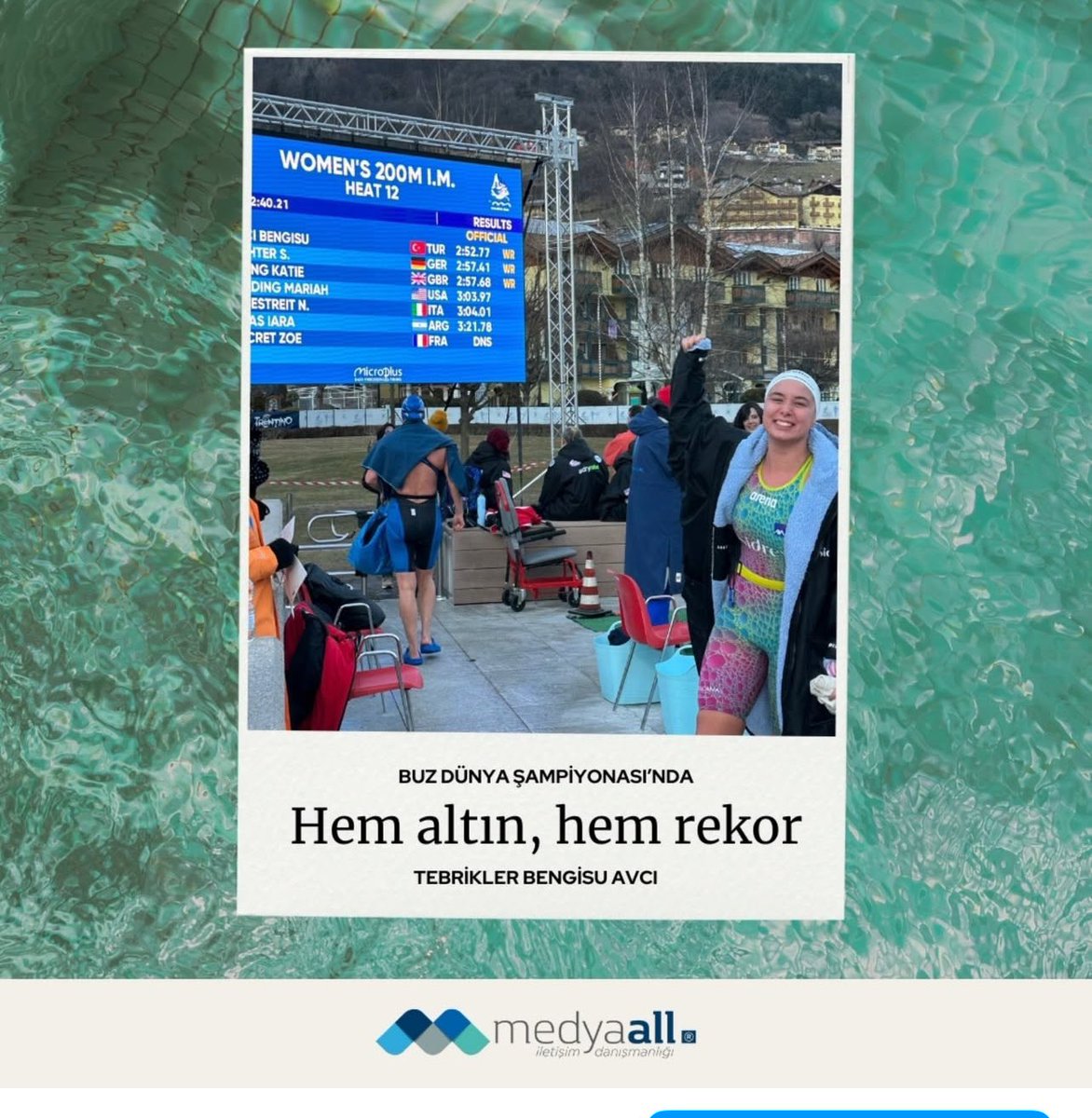 medyaall's tweet photo. İletişim danışmanlığını yaptığımız Bengisu Avcı, İtalya’nın Molveno kentinde düzenlenen şampiyonada 2.52.77’lik derecesiyle tüm rakiplerini geride bırakırken, bu derece ise kayıtlara 200 Metre Karışık Buz Dünya Şampiyonası 25-29 Yaş Dünya Rekoru olarak geçti.

#OkyanusKızı https://t.co/4DiZ1vc9TC