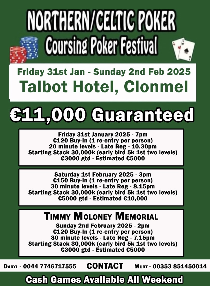 Talbot Hotel Clonmel, Co. Tipperary, Ireland (@talbotclonmel) on Twitter photo Epic Poker Weekend at the <a href="/TalbotClonmel/">Talbot Hotel Clonmel, Co. Tipperary, Ireland</a>
Friday, January 31st
Saturday, February 1st
Sunday, February 2nd
📍 Location: Talbot Hotel, Clonmel
💰 Exciting tournaments over three days
Tag your poker buddies and let’s make it a weekend to remember!
👉 Don't fold – see you there Epic Poker Weekend at the <a href="/TalbotClonmel/">Talbot Hotel Clonmel, Co. Tipperary, Ireland</a>
Friday, January 31st
Saturday, February 1st
Sunday, February 2nd
📍 Location: Talbot Hotel, Clonmel
💰 Exciting tournaments over three days
Tag your poker buddies and let’s make it a weekend to remember!
👉 Don't fold – see you there