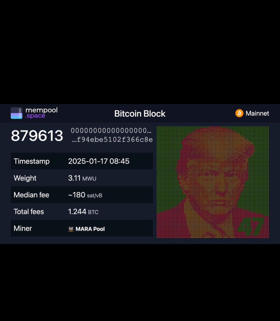 🇺🇸 Bitcoin miner MARA commemorates President-elect Trump’s inauguration by etching his portrait into a #Bitcoin block. 🧱⚡️ History meets blockchain! 

Credit <a href="/WatcherGuru/">Watcher.Guru</a> #BTC #CryptoNews #BitcoinMining #TrumpInauguration”