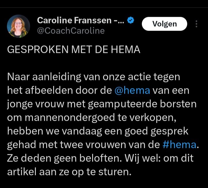 Onmeunig zeikwijf.
Niks van aantrekken hoor <a href="/HEMA/">HEMA</a> 
Mens heeft altijd wat te klagen.