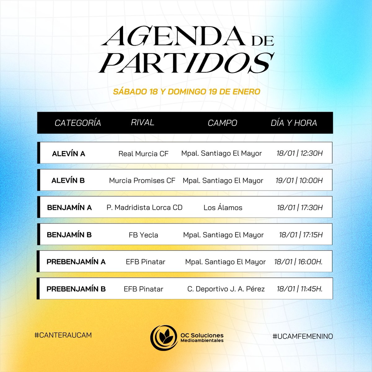 📋 La 𝐀𝐆𝐄𝐍𝐃𝐀 𝐃𝐄 𝐏𝐀𝐑𝐓𝐈𝐃𝐎𝐒 para este fin de semana. 

¡Mucha suerte para todos los equipos de nuestra #CanteraUCAM y #UCAMFemino!

⭐️𝐎𝐂 𝐒𝐨𝐥𝐮𝐜𝐢𝐨𝐧𝐞𝐬 𝐌𝐞𝐝𝐢𝐨𝐚𝐦𝐛𝐢𝐞𝐧𝐭𝐚𝐥𝐞𝐬