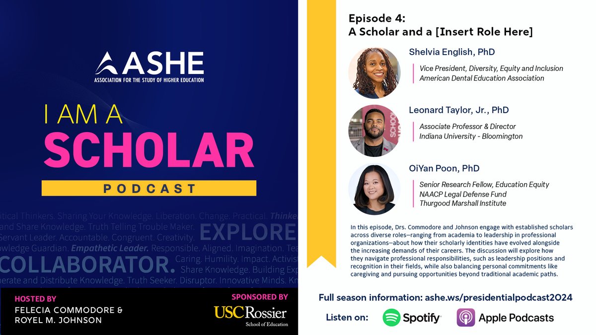🎙️ Ep. 4: A Scholar and a [Insert Role Here]
Our hosts chat w/ Shelvia English, <a href="/DrLDTJR/">Leonard Taylor, Ph.D</a>, &amp; OiYan Poon, about balancing leadership, caregiving, &amp; opportunities beyond the academy—all while nurturing their identities.

Listen now: ashe.ws/presidentialpo…