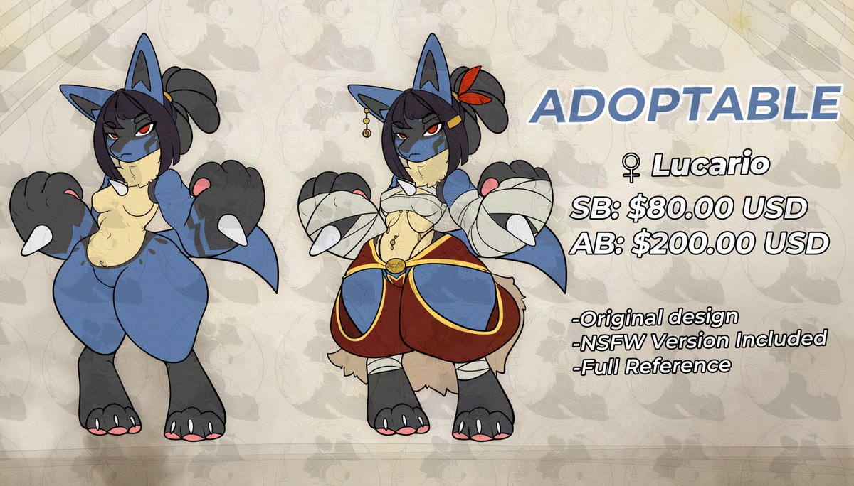 Been a while since I designed a character, so I made this short queen
and giving her for adoption, my vision was a shortstack Lucario monk
But she can be whatever you want if you adopt her~