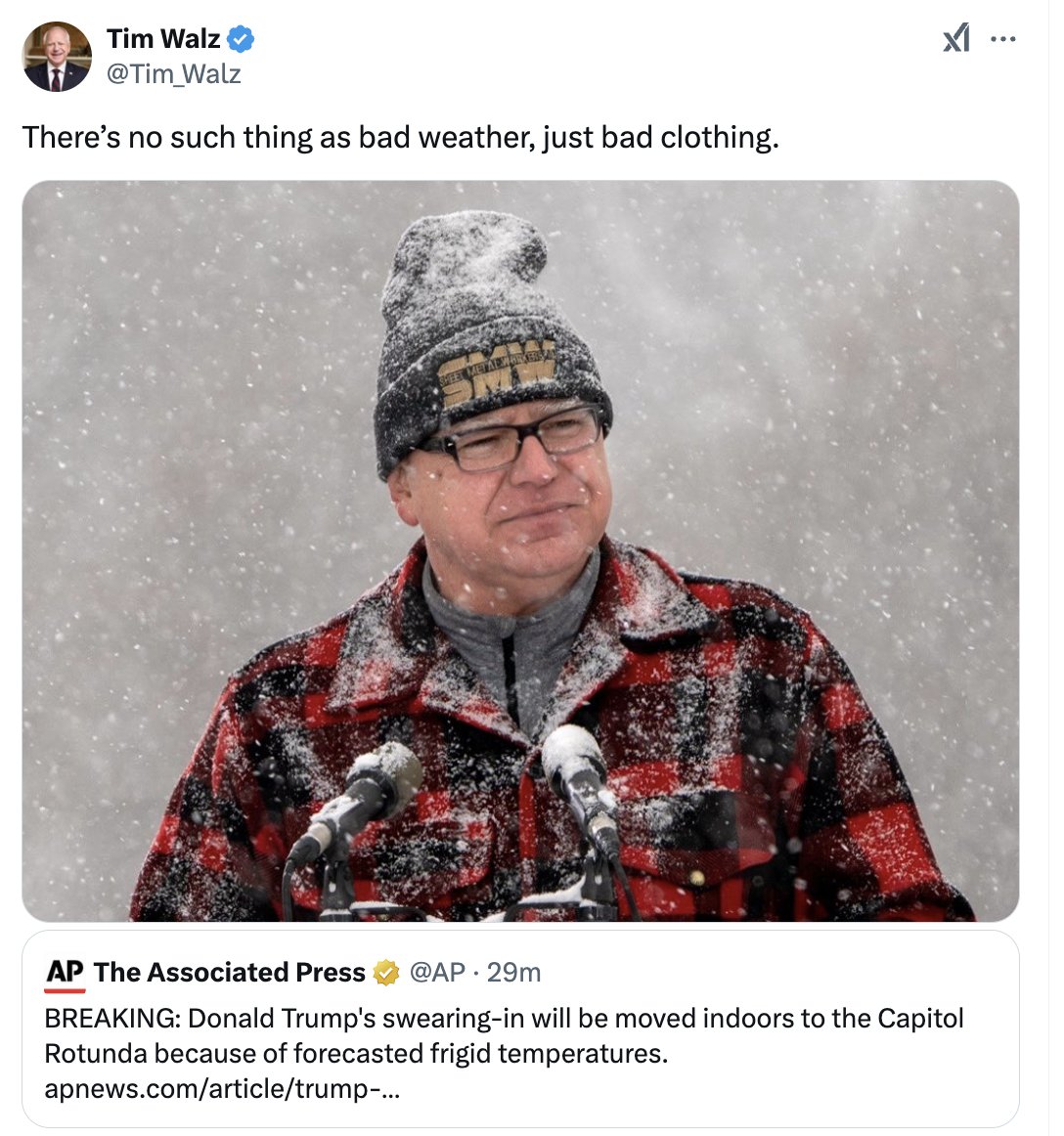ArtCandee's tweet photo. Epic shade from Tim Walz on Donald Trump moving his inauguration indoors because he can't handle the cold.

🔥🔥🔥🔥🔥🔥🔥🔥🔥🔥🔥🔥 https://t.co/kSRISowiNF