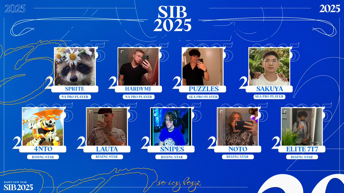 OUR OFFICIAL PRO ROSTER 2025 ❄️

We’re looking to lock in more championships spreading across your favorite regions such as

- NA
- SA
- EU
- SEA 

+ More 😉

Expect to see that SiB tag on the leaderboard ALL YEAR LONG ❄️

Also be on the lookout for our 
RISING STARS ⭐️ ⭐️⭐️⭐️