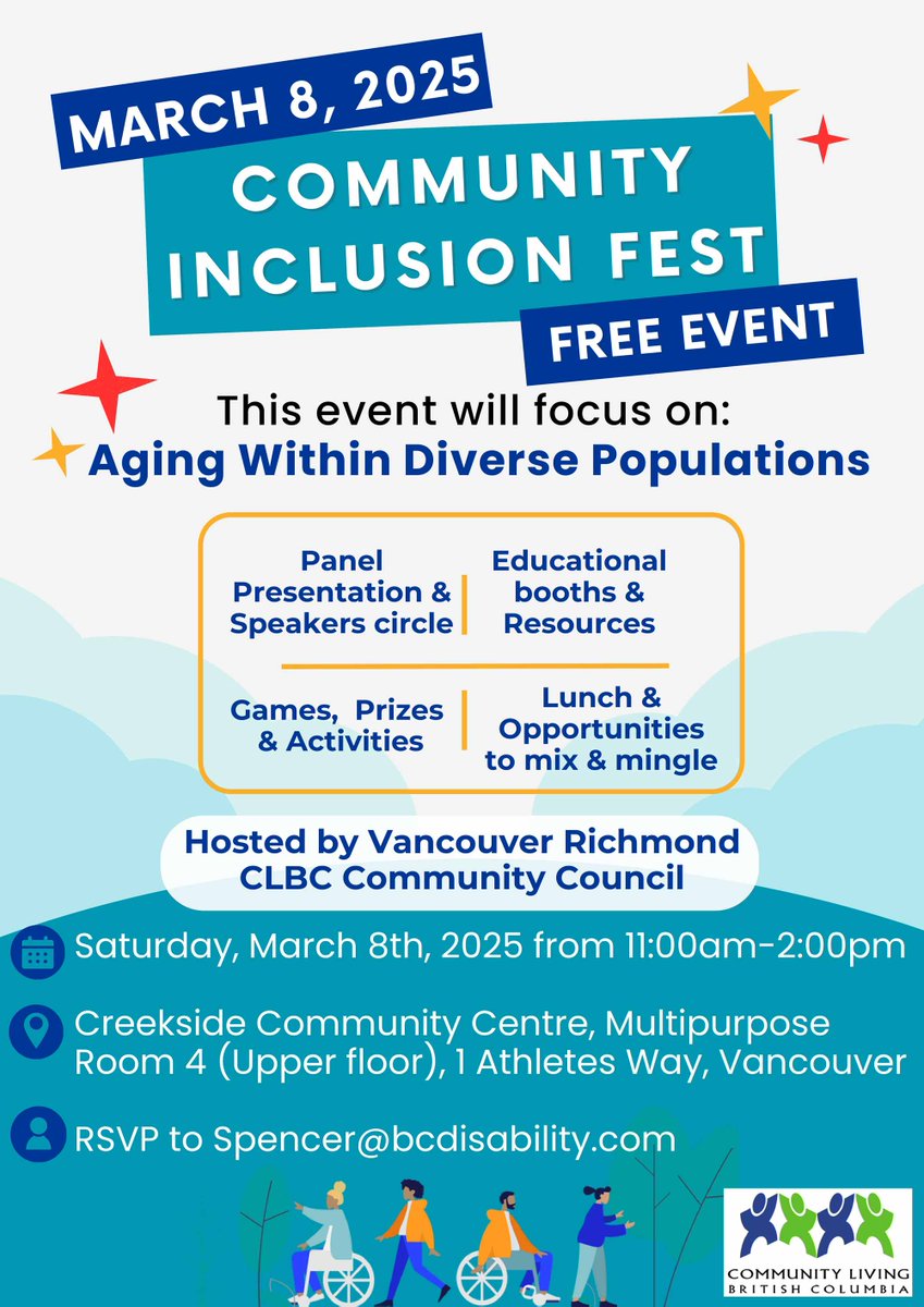 CLBC's Vancouver-Richmond Community Council is hosting an Inclusion Fest on March 8 focusing on Aging within Diverse Populations. Connect with others to celebrate #inclusion &amp; learn about aging resources in your community. 

Full event &amp; RSVP details here: ow.ly/8Jo750UIRvP