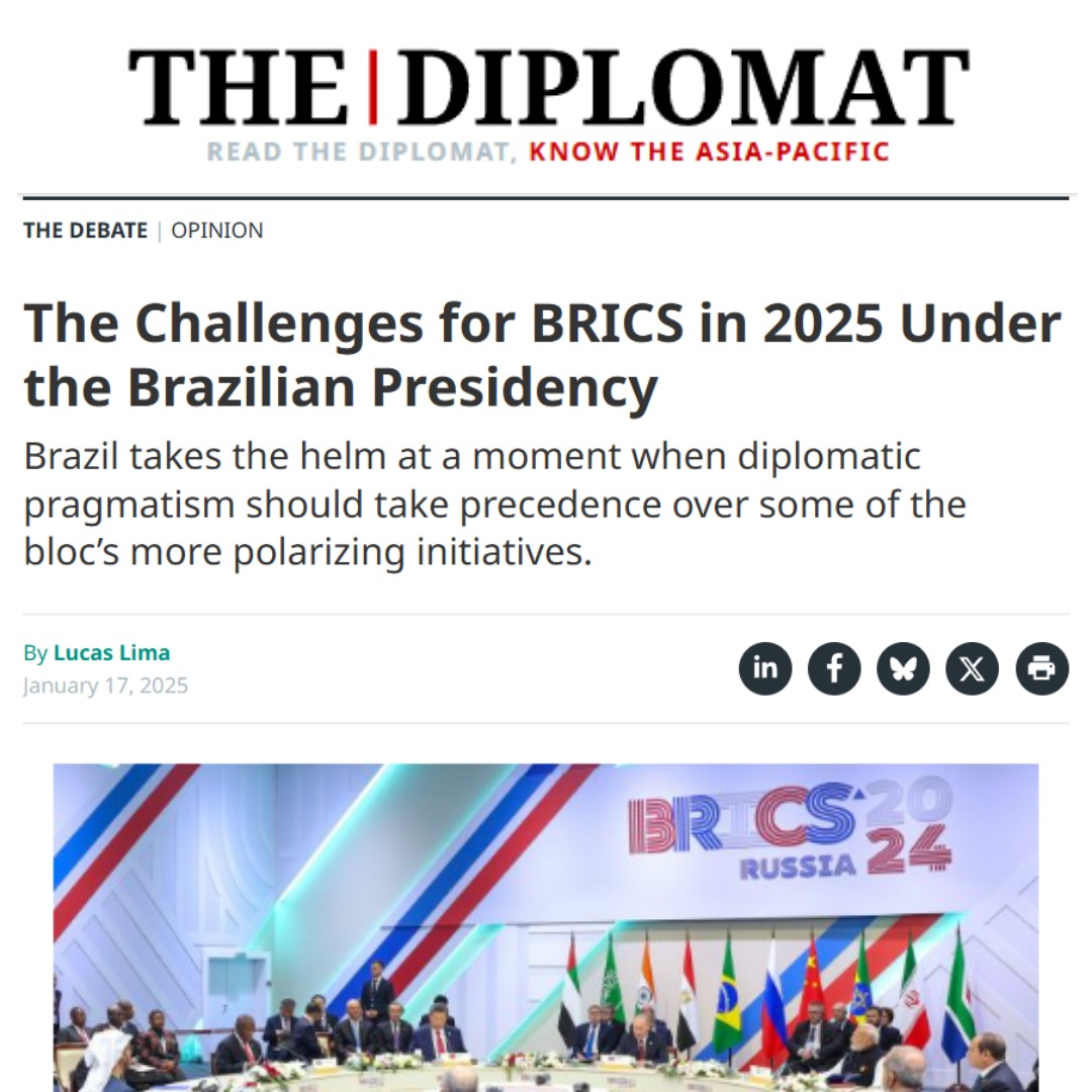 Lucas Carlos Lima (@lucascarloslima) on Twitter photo With the recent entry of Indonesia as a full member, there is much speculation about what to expect from the BRICS in 2025 under the Brazilian presidency. In <a href="/Diplomat_APAC/">The Diplomat</a> I explore some of these questions and perspectives.
The article can be found here: thediplomat.com/2025/01/the-ch… With the recent entry of Indonesia as a full member, there is much speculation about what to expect from the BRICS in 2025 under the Brazilian presidency. In <a href="/Diplomat_APAC/">The Diplomat</a> I explore some of these questions and perspectives.
The article can be found here: thediplomat.com/2025/01/the-ch…