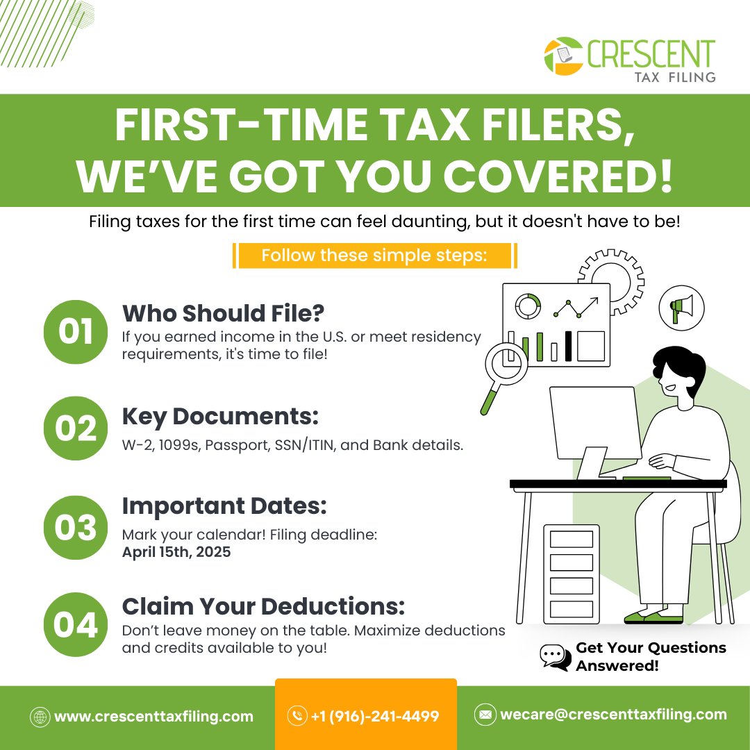 crescent_tax's tweet image. First time filing U.S. taxes? 🌟 

Don’t stress—we’ll guide you! 💡 Bring: W-2s, 1099s, SSN/ITIN. 📅 Deadline: 4/15/25. 
Maximize deductions &amp;amp; file stress-free. DM us or visit today! 

#TaxSeason2025 #USTaxHelp #TaxSeason2025 #CrescentTaxFiling