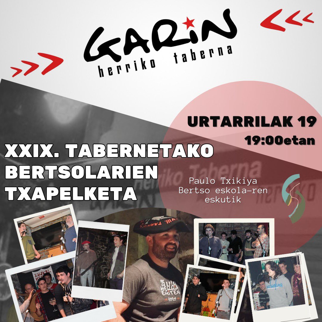 🎤 Aurten ere, tabernetako bertsolarien txapelketa izango dugu Paulo Txikiya bertso eskolaren eskutik.  XXIX. edizioko txapelduna zein izango ote da? 

Gerturatu tabernara bertsoez gozatzeko. Zuen zain egongo gara 😉