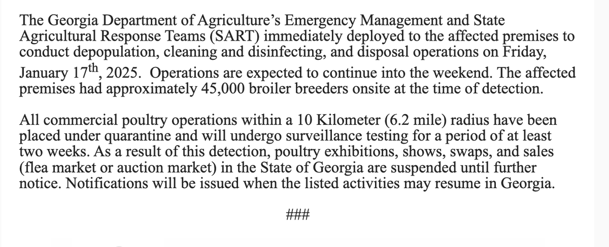 Charlie Harper (@charliebharper) on Twitter photo Most press releases at 5pm on a Friday are a "news dump". The one from Georgia's Agriculture Commissioner <a href="/AgCommHarperGA/">Georgia Agriculture Commissioner Tyler Harper</a> is major.
HPAI (Bird Flu) has been found in a commercial flock in Georgia. ALL POULTRY ACTIVITIES IN GA ARE SUSPENDED.
GA is #1 U.S. chicken producer #gapol Most press releases at 5pm on a Friday are a "news dump". The one from Georgia's Agriculture Commissioner <a href="/AgCommHarperGA/">Georgia Agriculture Commissioner Tyler Harper</a> is major.
HPAI (Bird Flu) has been found in a commercial flock in Georgia. ALL POULTRY ACTIVITIES IN GA ARE SUSPENDED.
GA is #1 U.S. chicken producer #gapol