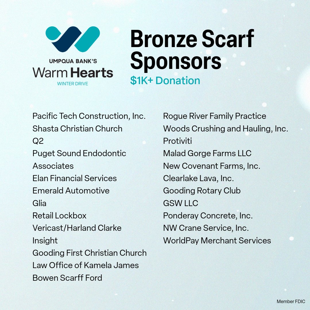 Thank you to all of the sponsors who helped make the 10th annual Umpqua Bank Warm Hearts Winter Drive a success! Without your support, none of this would be possible. #UBWarmHearts