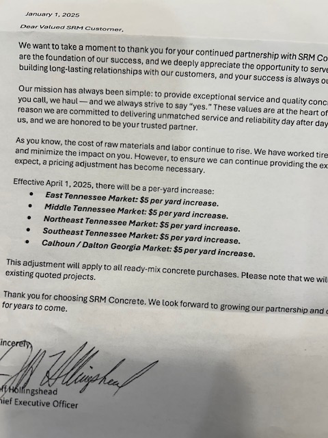 Concrete set for another $5/yard increase April 1.   

Raw material inflation + Electric code updates + New HVAC efficiency requirements...  

New construction pricing continues to rise.