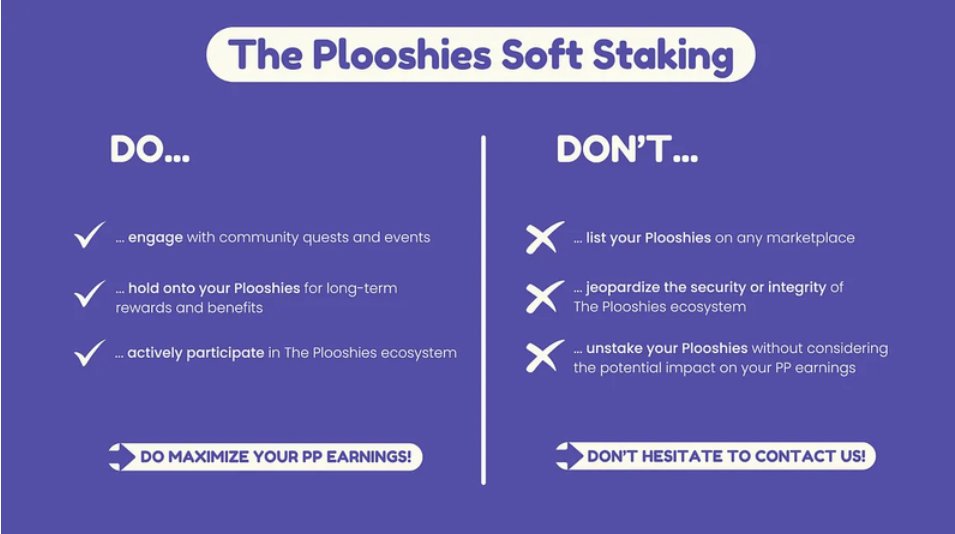 Kellbelll22's tweet photo. DON’T:
❌ List your Plooshies on any marketplace.
❌ Jeopardize the security or integrity of The Plooshies ecosystem.
❌ Unstake your @ThePlooshies  without considering the impact on your PP earnings. https://t.co/gbXNSqDx9H