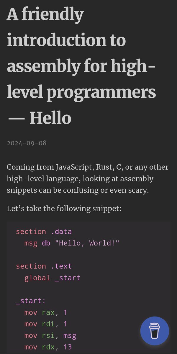 RuiCarrilho5's tweet photo. A recent and wonderful little intro to Assembly. Here's hoping the author decided to continue this soon! https://t.co/b8hhLcLNBX