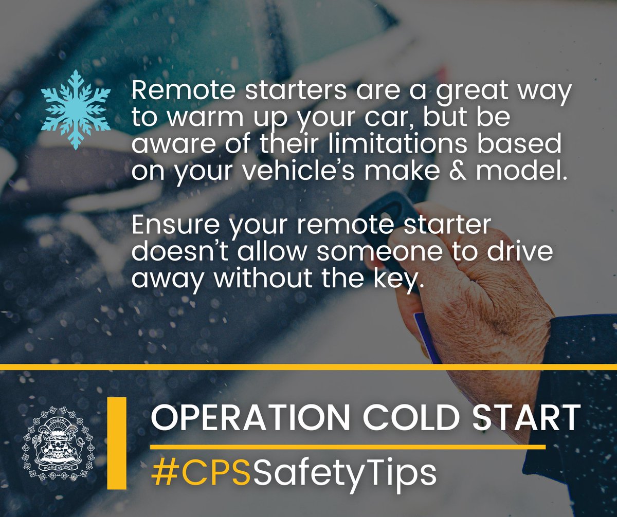 CalgaryPolice's tweet photo. 🥶 As we prepare for a cold snap this weekend, we’re partnering with law enforcement agencies across Alberta for #OperationColdStart, a crime prevention initiative to reduce the high number of warm-up auto thefts during winter.
Follow these tips & be safe during this cold snap. https://t.co/aM7OKWrOlg