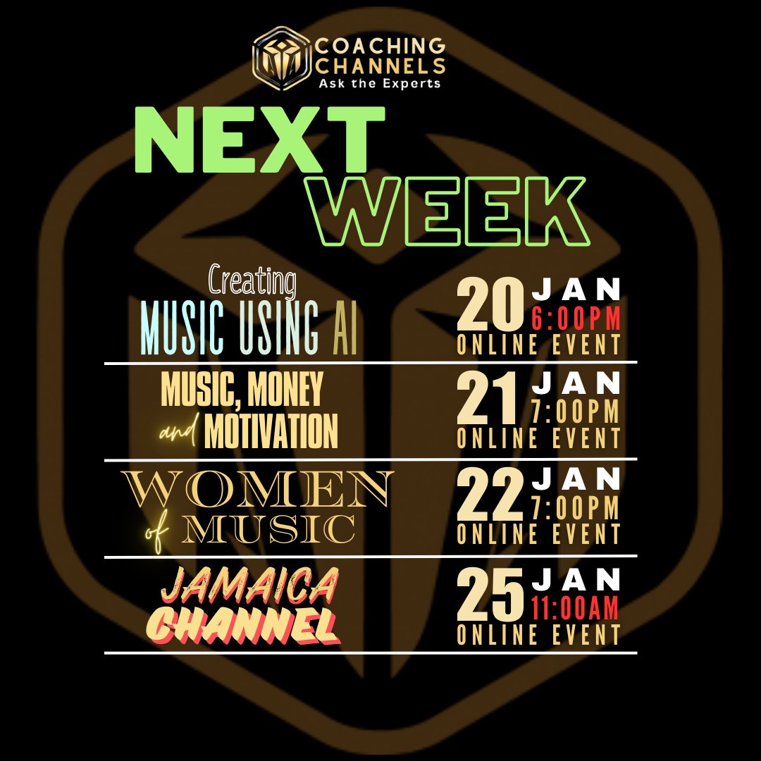 MyMusicAlliance's tweet image. Next Week we&apos;re having 4 Zoom Events! 
Mon 1/20 - #CreatingMusic with #AI @ 6PM PST
Tues 1/21 - Music, #Money &amp;amp; #Motivation
Wed 1/22 - #Women of Music
Sat 1/25 - #Jamaica Channel @ 11AM PST
MusicAlliance.com