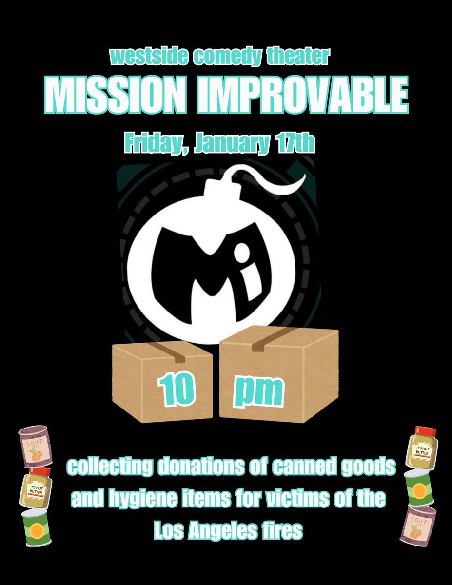 Bring your canned goods and hygiene items to tonight’s show and we’ll handle donating them to wildfire relief efforts! 🎟️ Get your tickets now at westsidecomedy.com. 

#SantaMonica #SantaMonicaPier #LosAngeles #Improv #ComedyClub