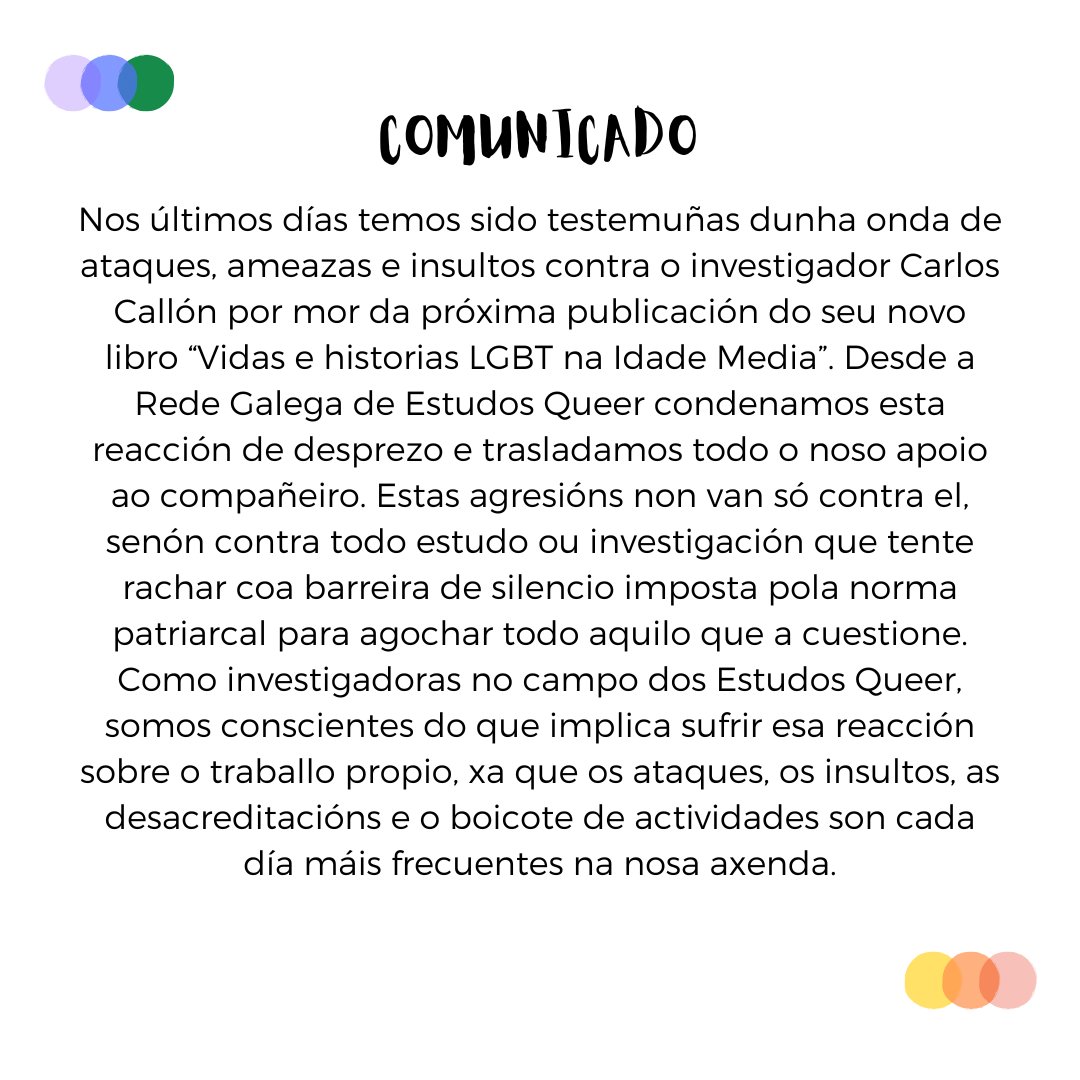 RGEQueer's tweet photo. COMUNICADO CONTRA O ACOSO A @carloscallon E OS ESTUDOS QUEER NA GALIZA https://t.co/5hrG7BgzQ6