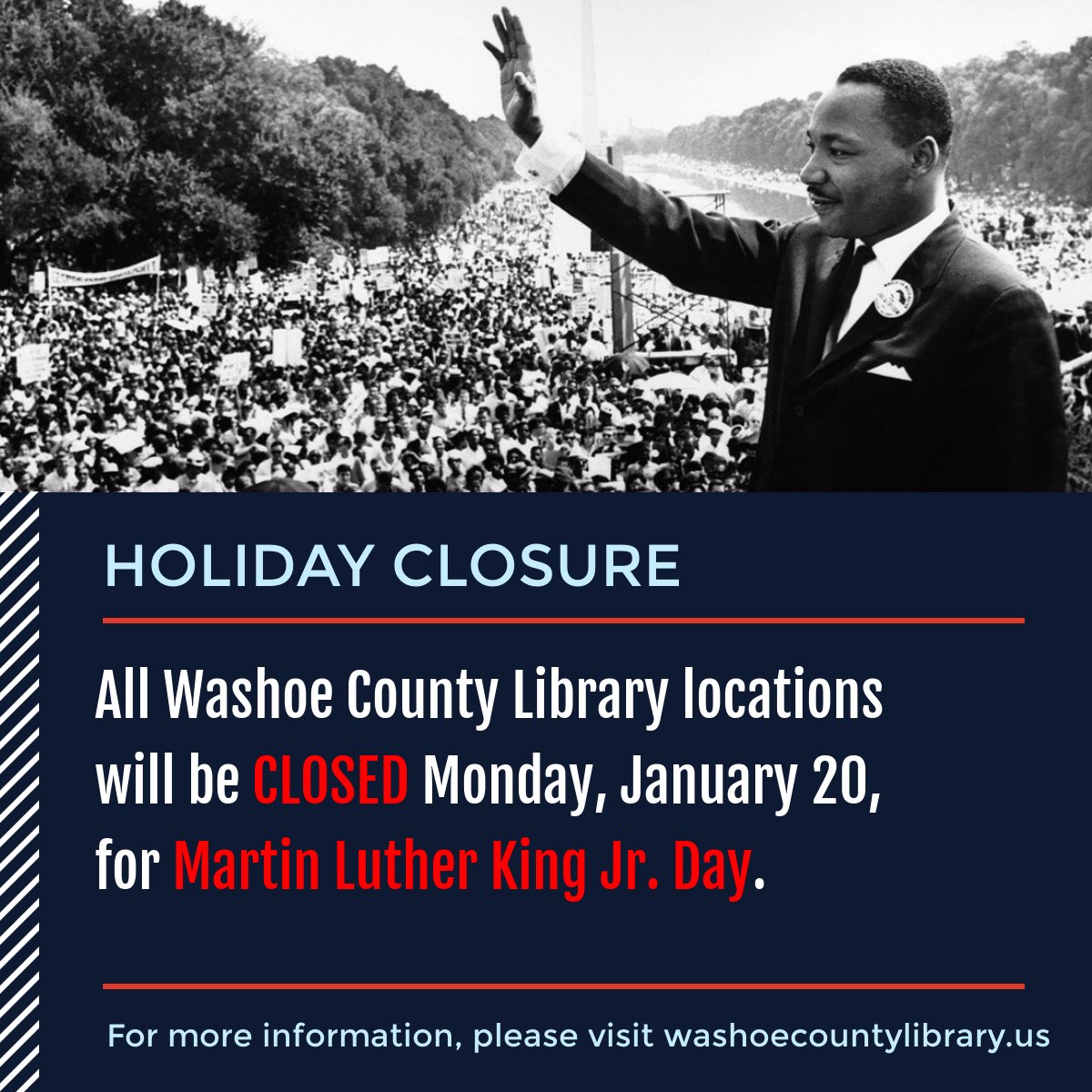WashoeLibrary's tweet photo. #LibraryNEWS: All @WashoeLibrary locations will be closed Monday, January 20, for Martin Luther King Jr. Day. For more information, visit https://t.co/J1SwlMpd2l. #WashoeCountyLibrary #MartinLutherKingJr. https://t.co/zVIk4kMJAf