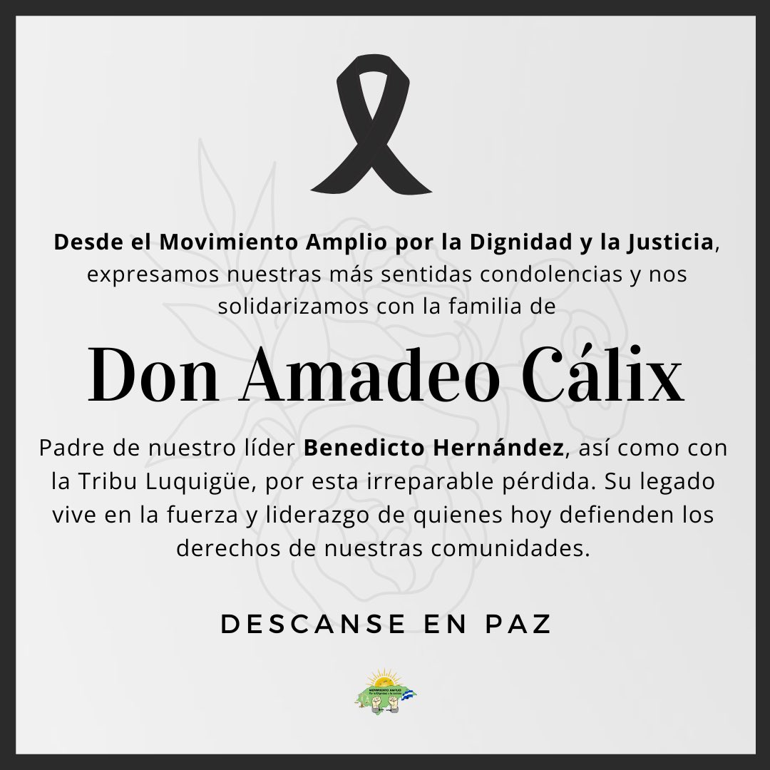 🕊️Desde el MADJ, expresamos nuestras más sentidas condolencias por el sensible fallecimiento de Don Amadeo Cálix, padre de nuestro líder, Benedicto Hernández.

🕊️Nos solidarizamos con la familia doliente, amigos y la comunidad en general en este momento de profundo pesar.