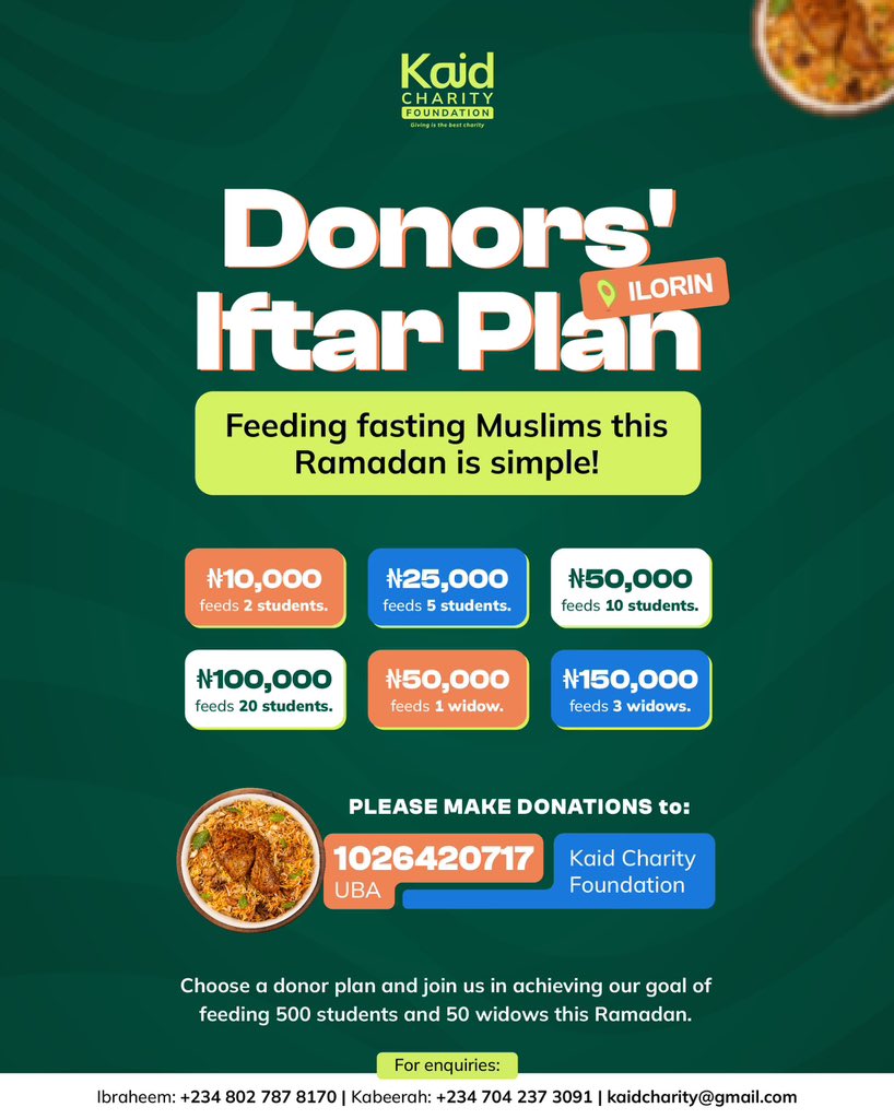 kingmufti01's tweet photo. By supporting the Iftar Project, you’re not JUST GIVING FOOD; YOU’RE SHARING LOVE,HOPE,AND A REASON TO SMILE. Choose to make an impact today.🫴

📌 KINDLY DONATE HERE:
1026420717 (UBA)
Kaid Charity Foundation https://t.co/m52GtmboXL